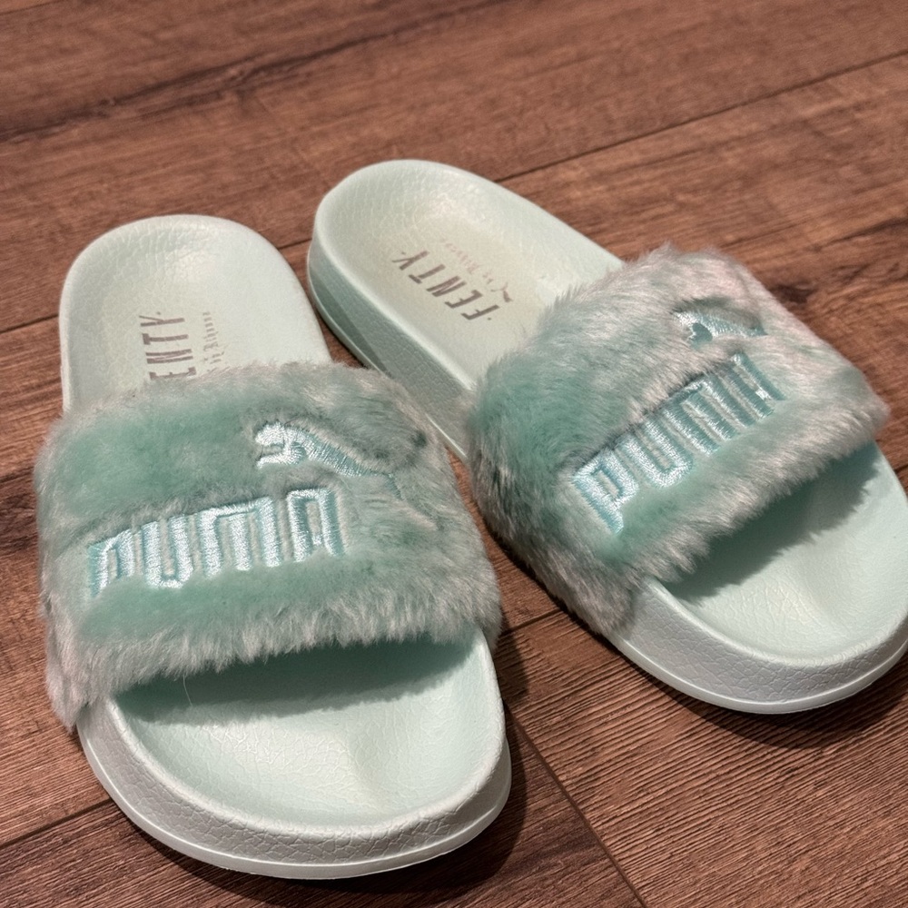 Puma x Fenty collaboration Mint Green Fur Slides